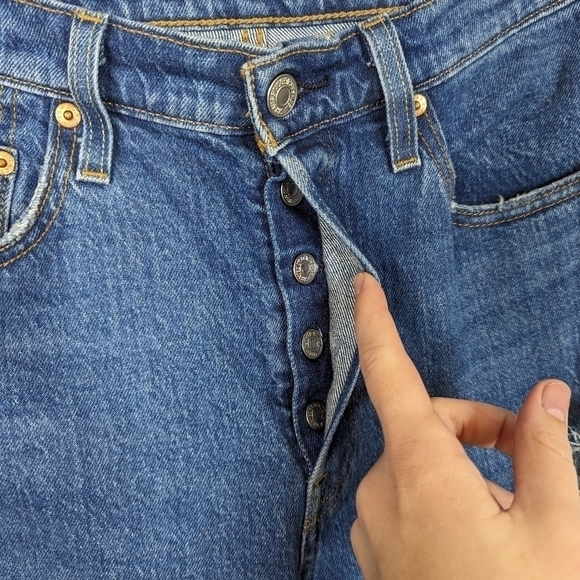 Levi's 501 Button Fly Dark Wash Destroyed High Rise Skinny Jeans - Picture 3 of 10